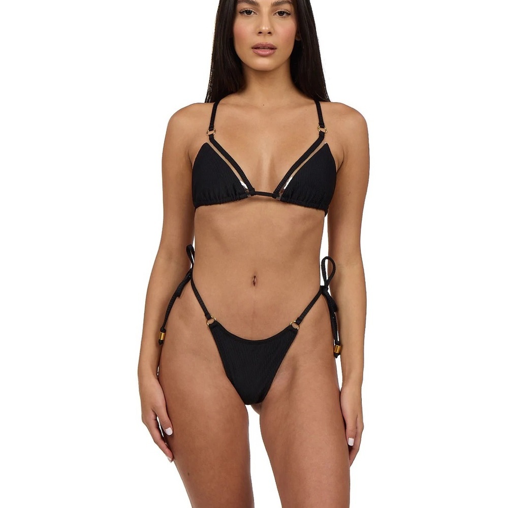 AKOSHA Show Pony Bikini Bottom Black Onyx One Size Adjustable Cheeky Thong New